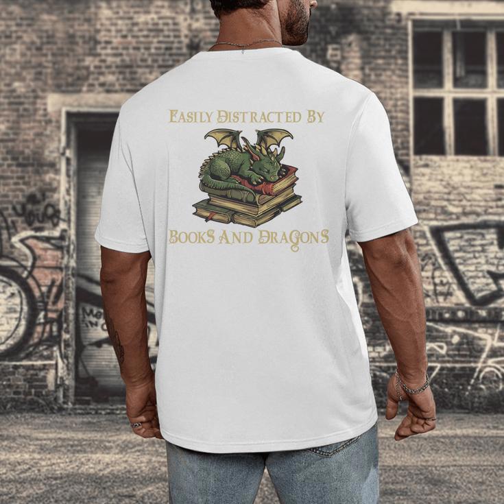 Easily Distracted By Books And Dragons Graphic Premium Men's Back Print T-Shirt