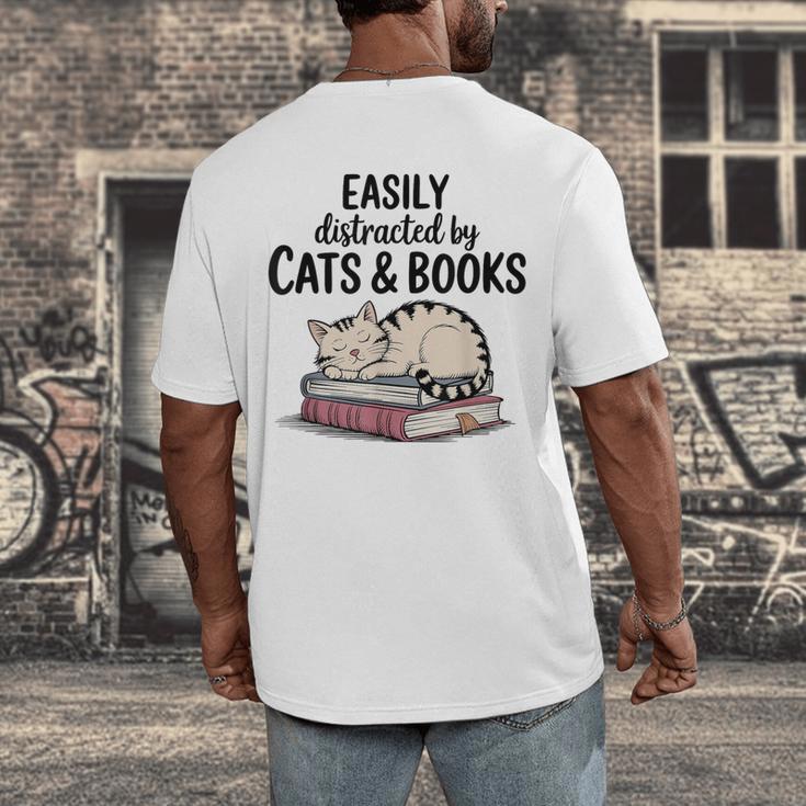Easily Distracted By Cats And Books Cute Book Lover Men's Back Print T-Shirt Easily Distracted By Cats And Books Cute Book Lover Men's Back Print T-Shirt