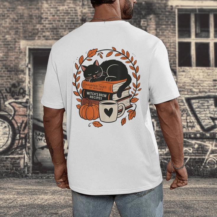 Fall Book Teacher Cat Books Halloween Autumn Librarian Men's Back Print T-Shirt