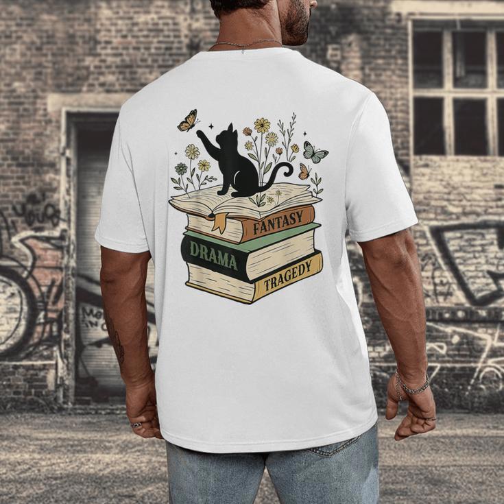 Fantasy Drama Tragedy Cat Book Lover Reading Humor Men's Back Print T-Shirt