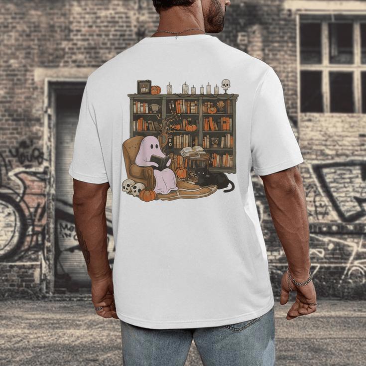 Ghost Reading Book Cat Lover Halloween Reading Enthusiast Men's Back Print T-Shirt