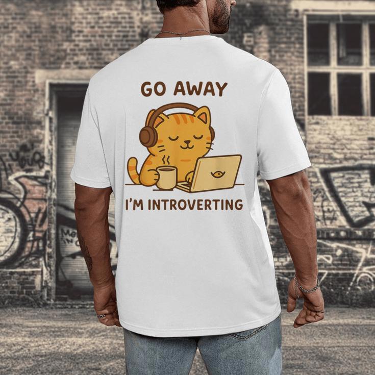 Go Away I'm Introverting Cozy Cat With Laptop And Coffee Men's Back Print T-Shirt