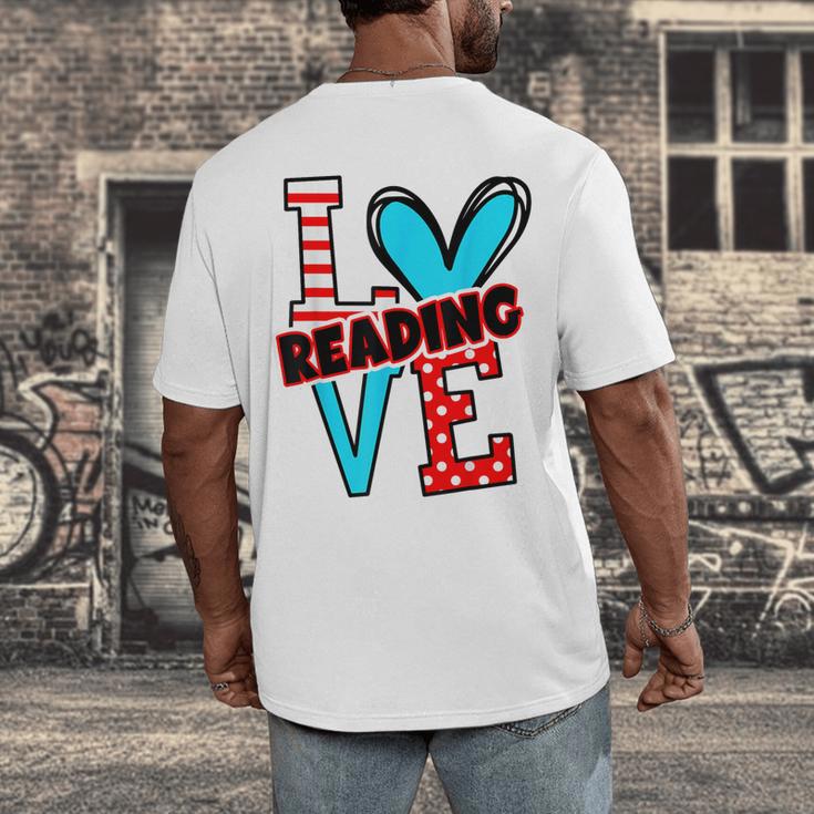 I Heart Books Love Reading Red And Stripe Animated Cat For Men Women Girls Kids Men's Back Print T-Shirt