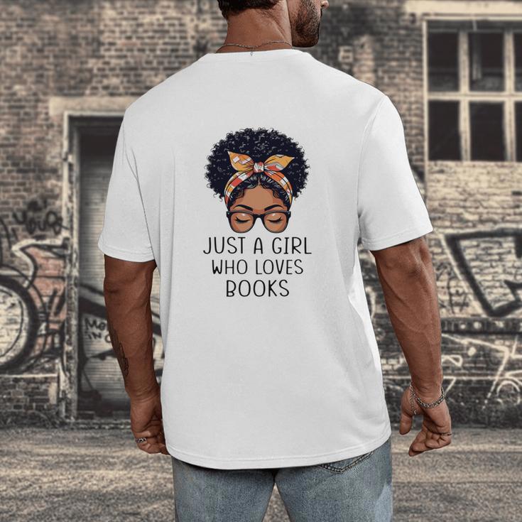 Just a Girl Who Loves Books Messy Bun Black Women Reading Men's Back Print T-Shirt