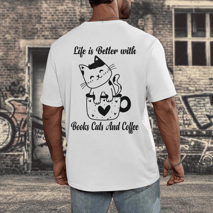 Life Is Better With Books Cats And Coffee Shirt Men's Back Print T-Shirt Life Is Better With Books Cats And Coffee Shirt Men's Back Print T-Shirt
