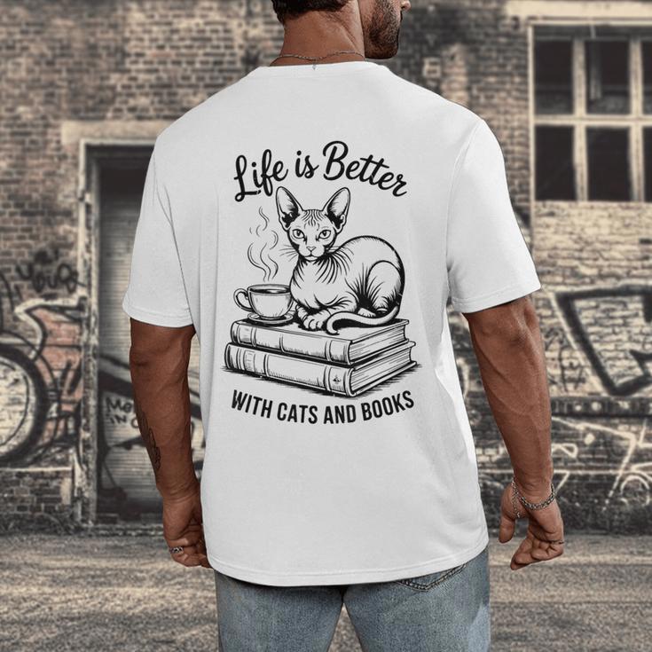 Life Is Better With Cats & Books Sphynx Cat Mom Women Men's Back Print T-Shirt Life Is Better With Cats & Books Sphynx Cat Mom Women Men's Back Print T-Shirt