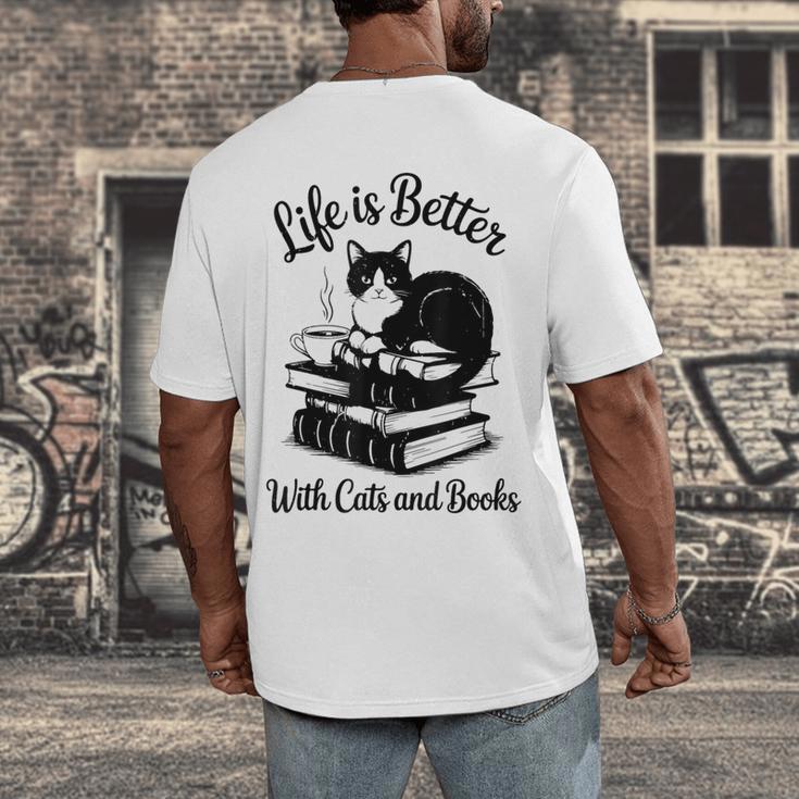 Life Is Better With Cats & Books Tuxedo Cat Mom Women Men's Back Print T-Shirt