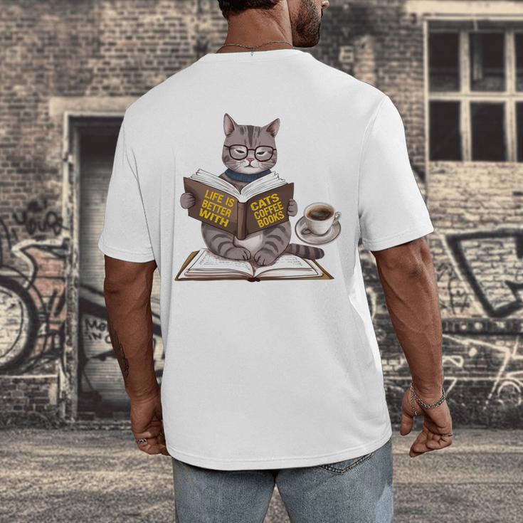 Life Is Better With Cats Coffee Books Cat Reading Book Men's Back Print T-Shirt Life Is Better With Cats Coffee Books Cat Reading Book Men's Back Print T-Shirt