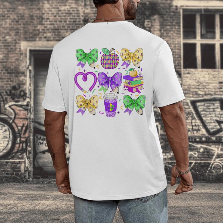 Mardi Gras Teacher Coquette Bow Pencil Apple Book Women Girl Men's Back Print T-Shirt