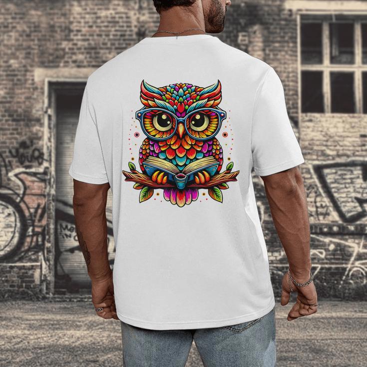 Owl With Glasses And Book Reading Men's Back Print T-Shirt