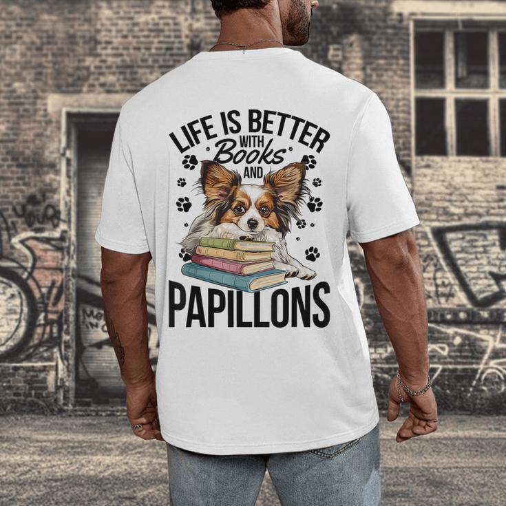 Papillon Dog Breed Life Is Better With Books And Papillons Men's Back Print T-Shirt Papillon Dog Breed Life Is Better With Books And Papillons Men's Back Print T-Shirt