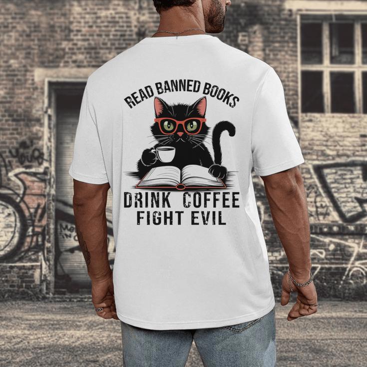 Read Banned Books Drink Coffee Fight Evil Retro Cat Men's Back Print T-Shirt