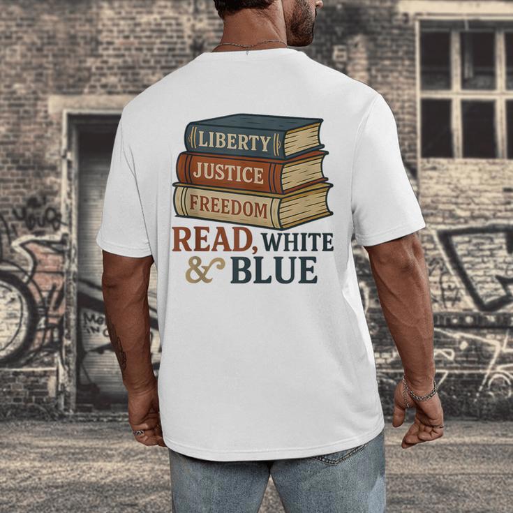 Read Blue Liberty Books July 4th Independence Men's Back Print T-Shirt