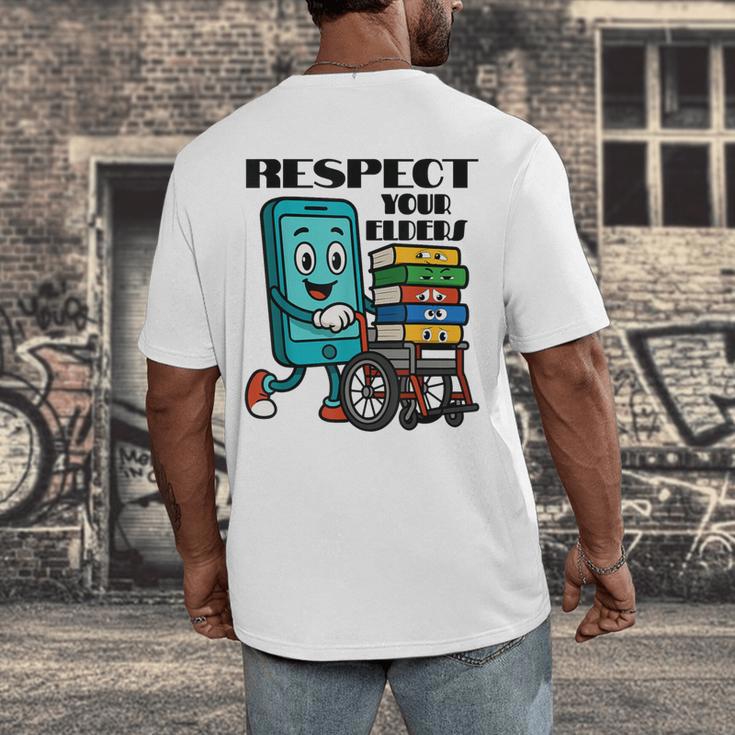 Respect Elders Cellphone Pushing Books In a Wheelchair Men's Back Print T-Shirt