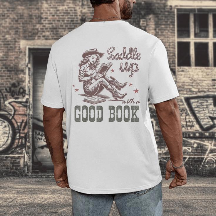 Retro Cowgirl ReadingTee Saddle Up With A Good Book Western Men's Back Print T-Shirt