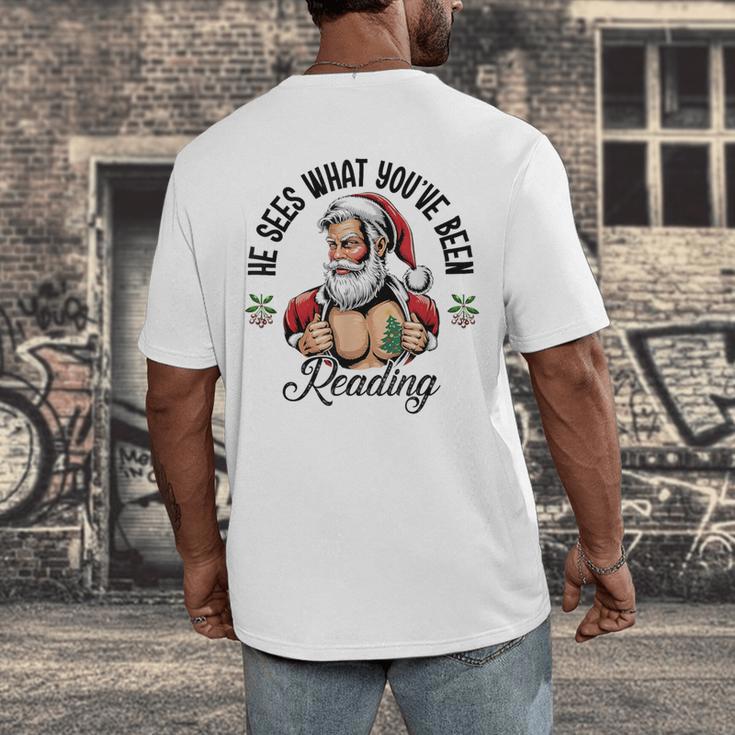 He Sees What You'Ve Been Reading Santa Xmas Book Lover Men's Back Print T-Shirt