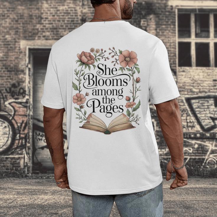 She Blooms Among The Pages Women Mom Wife Floral Book Lover Premium Tri-Blend Men's Back Print T-Shirt