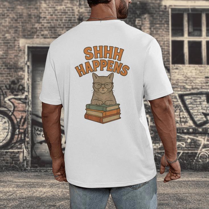 SHHH Happens Librarian Cat Books Library Men's Back Print T-Shirt SHHH Happens Librarian Cat Books Library Men's Back Print T-Shirt