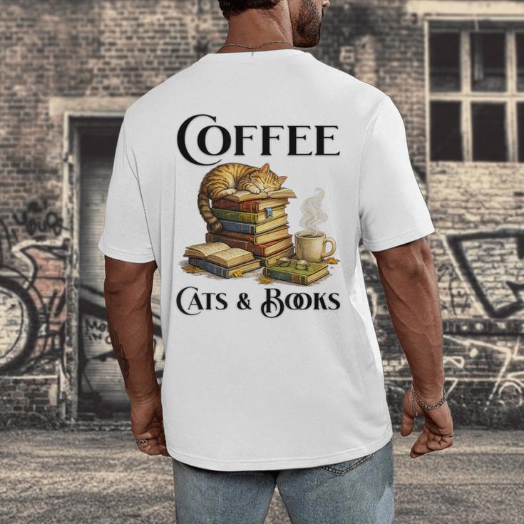 Sleeping Cat And Books With Coffee Lover Men's Back Print T-Shirt