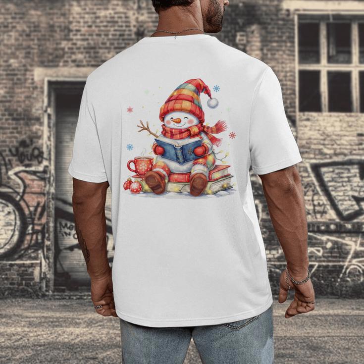 Snowman Reading Books Lovers Christmas Librarian Bookworm Men's Back Print T-Shirt