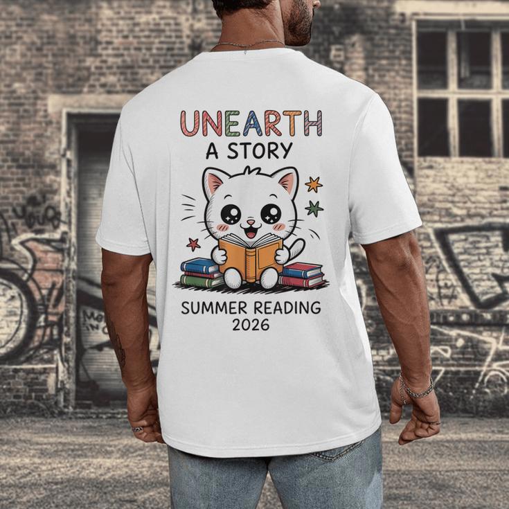 Unearth a Story Cute Kitten Summer Reading 2026 Cat Book Men's Back Print T-Shirt