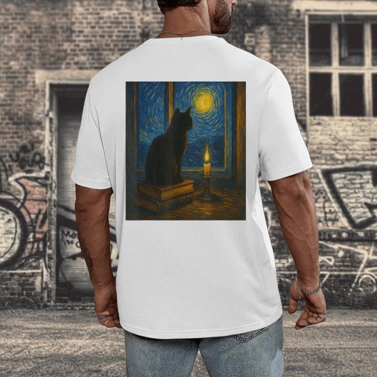 Van Gogh Starry Night Art Cat And Book Lovers Men's Back Print T-Shirt
