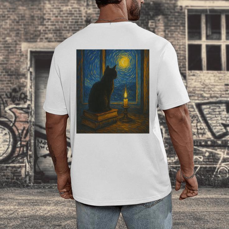 Van Gogh Starry Night Art Cat And Book Lovers Premium Tri-Blend Men's Back Print T-Shirt