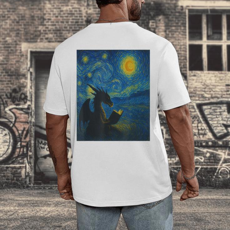 Van Gogh Starry Night Fantasy Reader Dragon Reading Book Men's Back Print T-Shirt Van Gogh Starry Night Fantasy Reader Dragon Reading Book Men's Back Print T-Shirt
