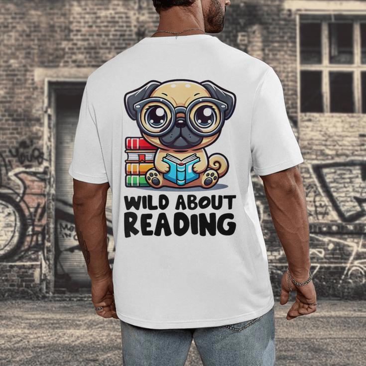 Wild About Reading Book Lover Pug Dog Men's Back Print T-Shirt