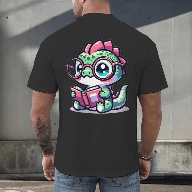 Adorable Book Lover Basilisk With Reading Glasses Cute Men's Back Print T-Shirt