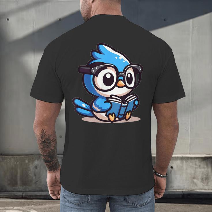 Adorable Book Lover Blue Jay With Reading Glasses Cute Men's Back Print T-Shirt
