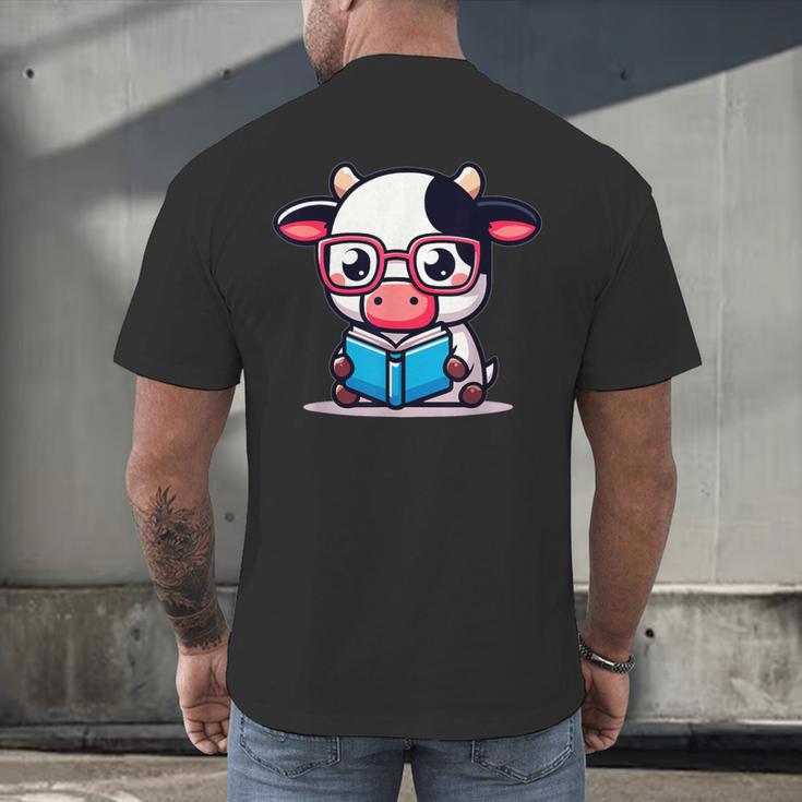 Adorable Book Lover Cow With Reading Glasses Cute Men's Back Print T-Shirt