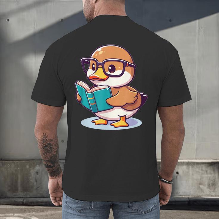 Adorable Book Lover Mallard Duck With Reading Glasses Cute Men's Back Print T-Shirt
