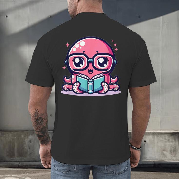 Adorable Book Lover Octopus With Reading Glasses Cute Men's Back Print T-Shirt