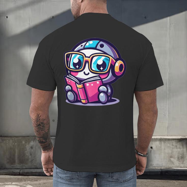 Adorable Book Lover Robot With Reading Glasses Cute Men's Back Print T-Shirt