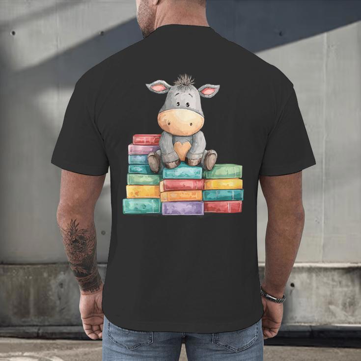 Adorable Donkey With Heart Sitting On Colorful Book Stack Men's Back Print T-Shirt