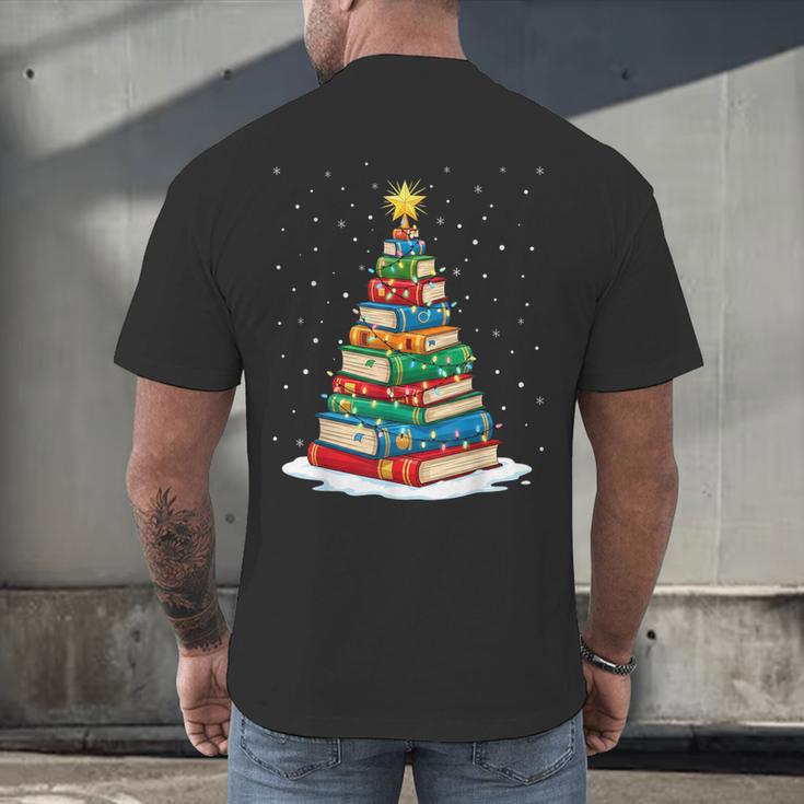 Book Christmas Tree Xmas Lights Book Lover Teacher Librarian Men's Back Print T-Shirt