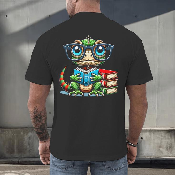 Book Lover Reading Iguana Men's Back Print T-Shirt Book Lover Reading Iguana Men's Back Print T-Shirt