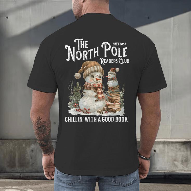 Bookish Christmas North Pole Book Club Snowman Book Worm Men's Back Print T-Shirt