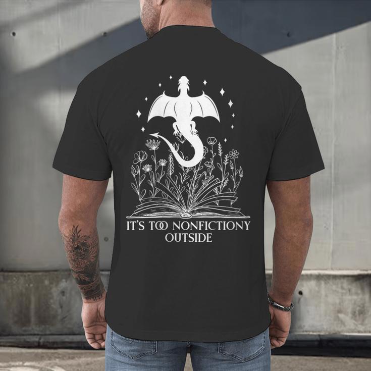 Bookish Dragon Book Club Reading Its Too Nonfictiony Outside Men's Back Print T-Shirt Bookish Dragon Book Club Reading Its Too Nonfictiony Outside Men's Back Print T-Shirt