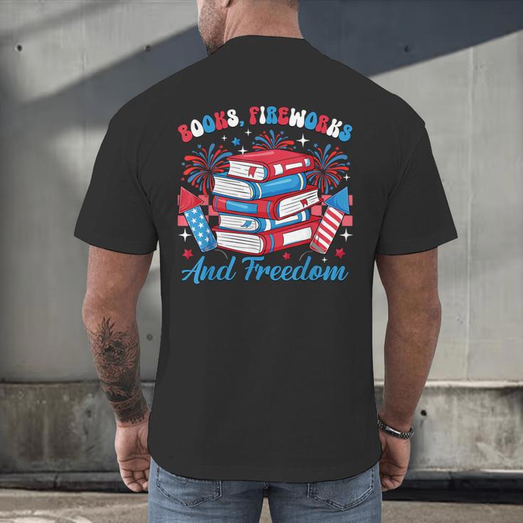 Books Fireworks And Freedom Independence Day Book Lover Men's Back Print T-Shirt