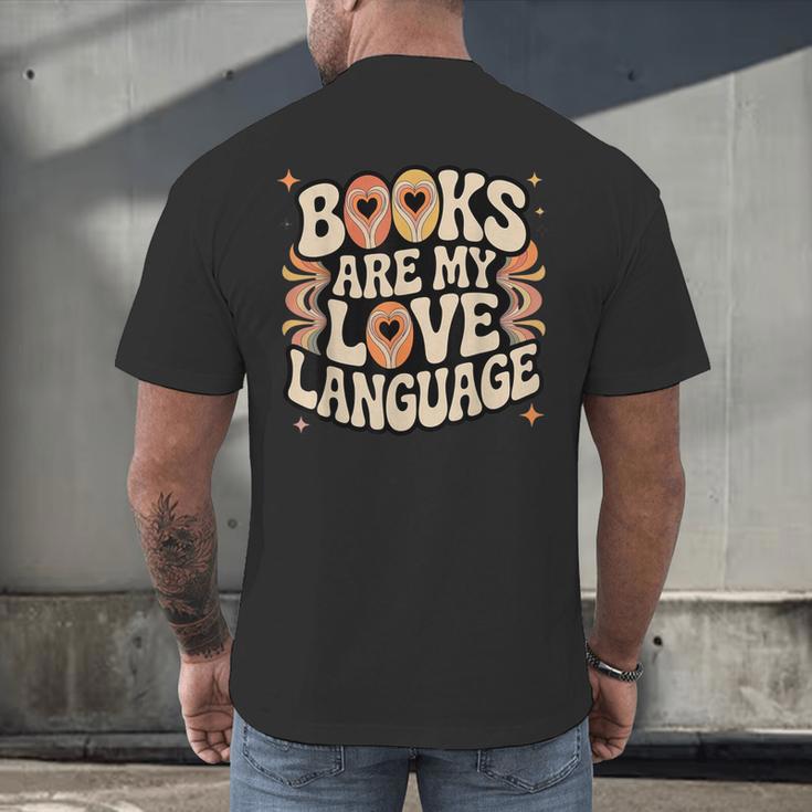 Books Are My Love Language Retro Groovy 70s Book Lover Men's Back Print T-Shirt