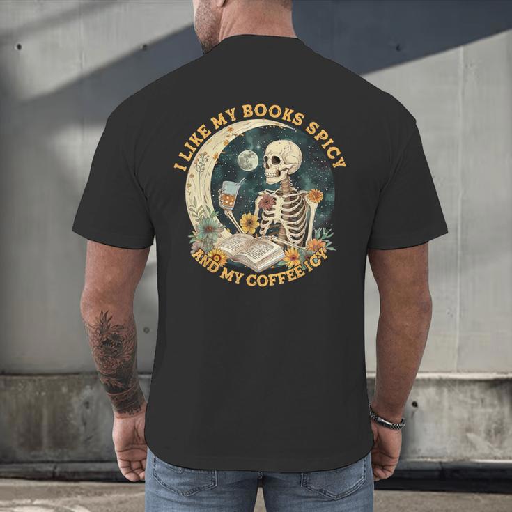 I Like My Books Spicy & My Coffee Icy Skeleton Read Book Men's Back Print T-Shirt