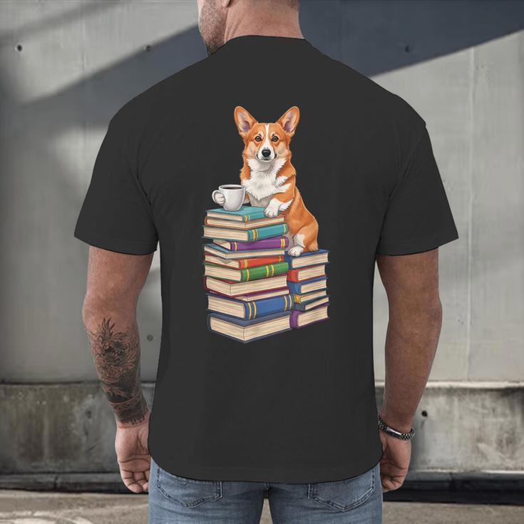 Bookworm Corgi Reading Books Drinking Coffee Dog Lover Men's Back Print T-Shirt