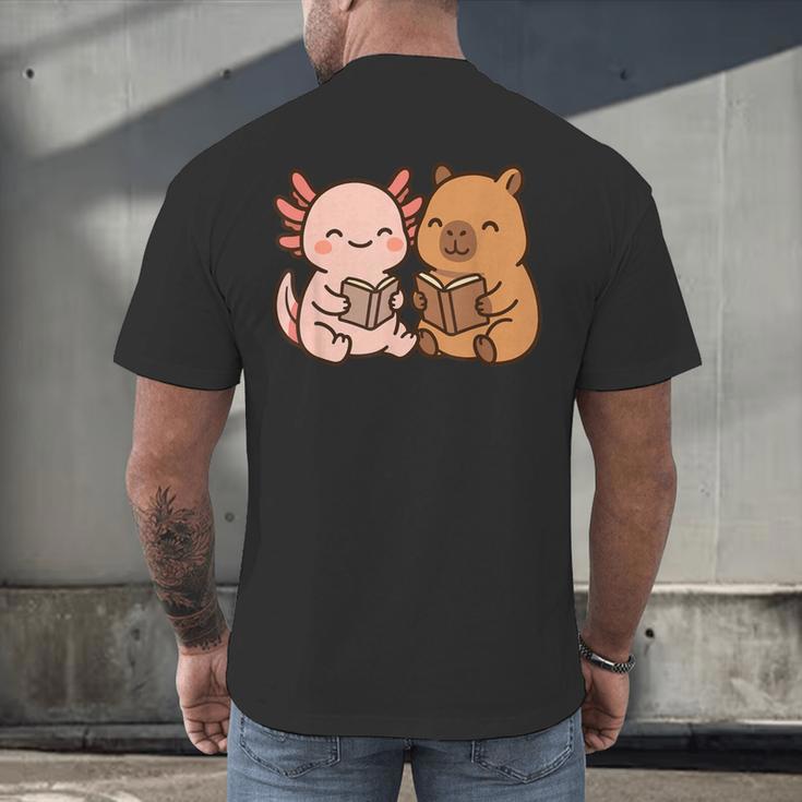 Capybara Axolotl Kawaii Kids Anime Book Lover Reading Men's Back Print T-Shirt