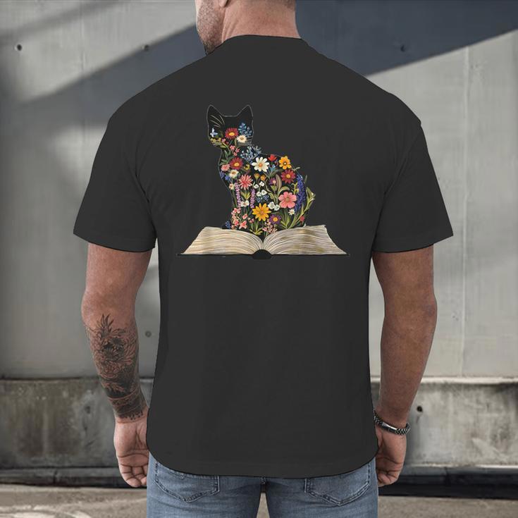 Cat Book Flowers Men's Back Print T-Shirt