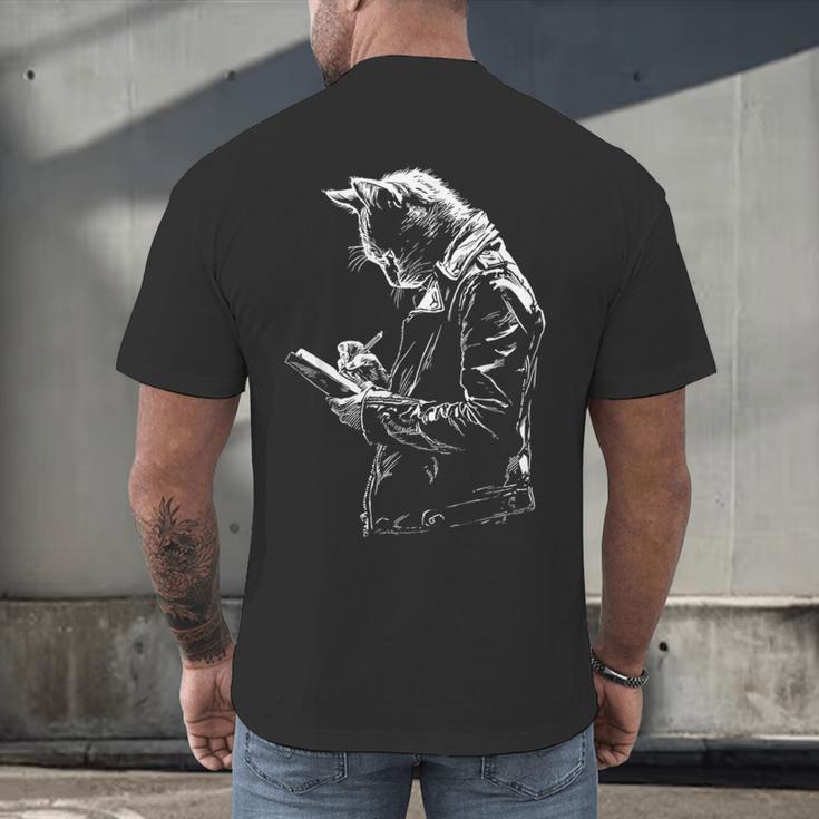 Cat Holds Book Writing Animal Print Motif Drawing Art Cat Men's Back Print T-Shirt Cat Holds Book Writing Animal Print Motif Drawing Art Cat Men's Back Print T-Shirt
