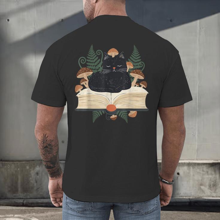 Cat On Open Book Mushrooms Ferns Dark Academia Men's Back Print T-Shirt Cat On Open Book Mushrooms Ferns Dark Academia Men's Back Print T-Shirt