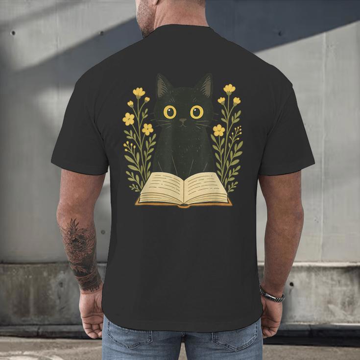 Cat Reading Book Flowers Men's Back Print T-Shirt