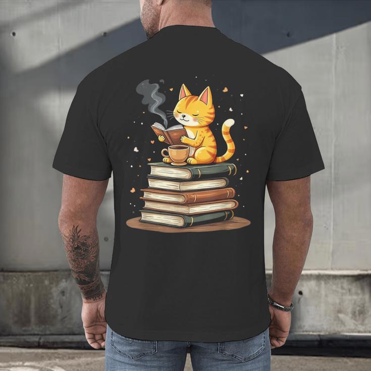 Cat Reading Books Men's Back Print T-Shirt